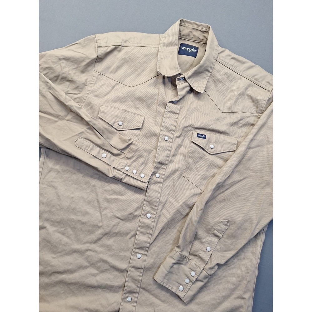 Wrangler Pearl Snap Mens XLT Tan Cowboy Cut Firm Finish Twill Western Rodeo